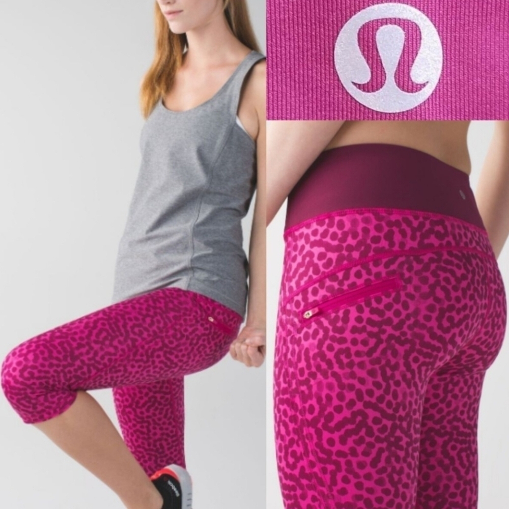 Lululemon Run Top Speed Crop Legging Ace Spot Jewelled Magenta Luxtreme Size 6